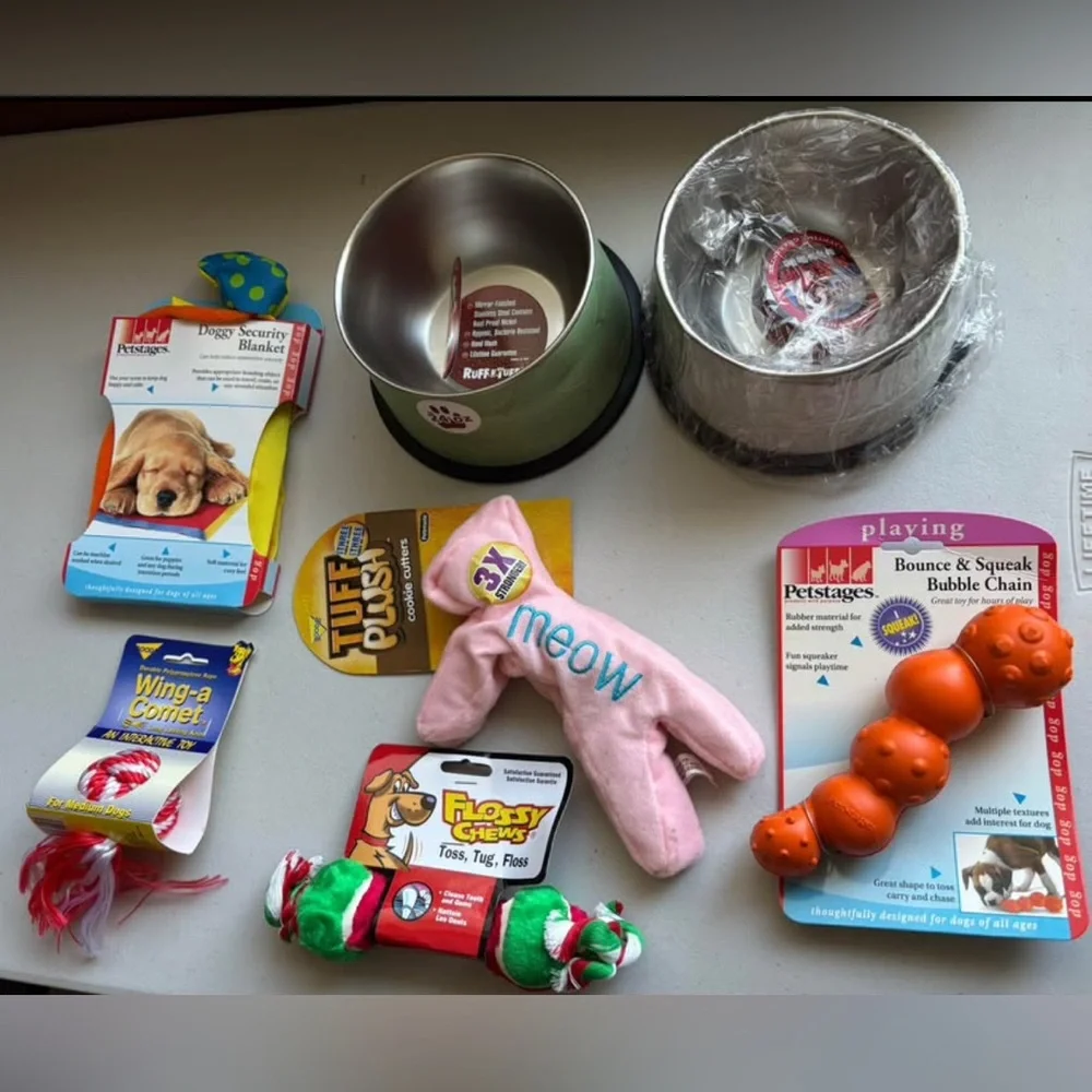 Dog Bundle - Two Stainless Steel 24oz Dog Bowls, And Assortment of Dog Toys